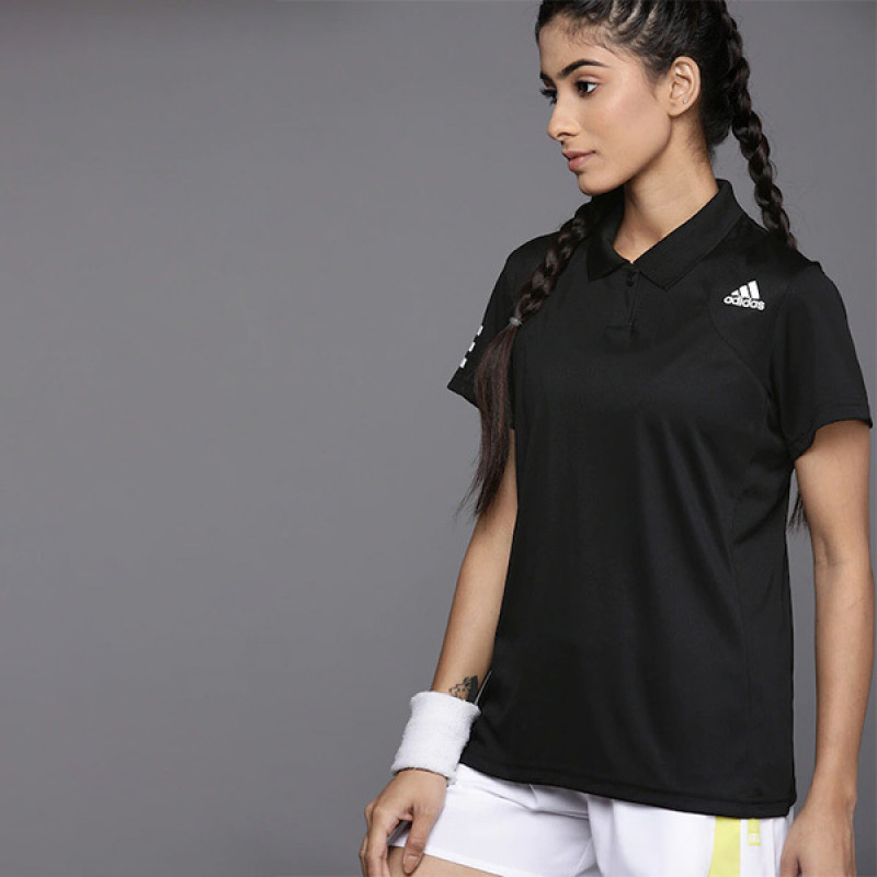 Women Black Solid Perforated Aeroready Polo Collar T-shirt