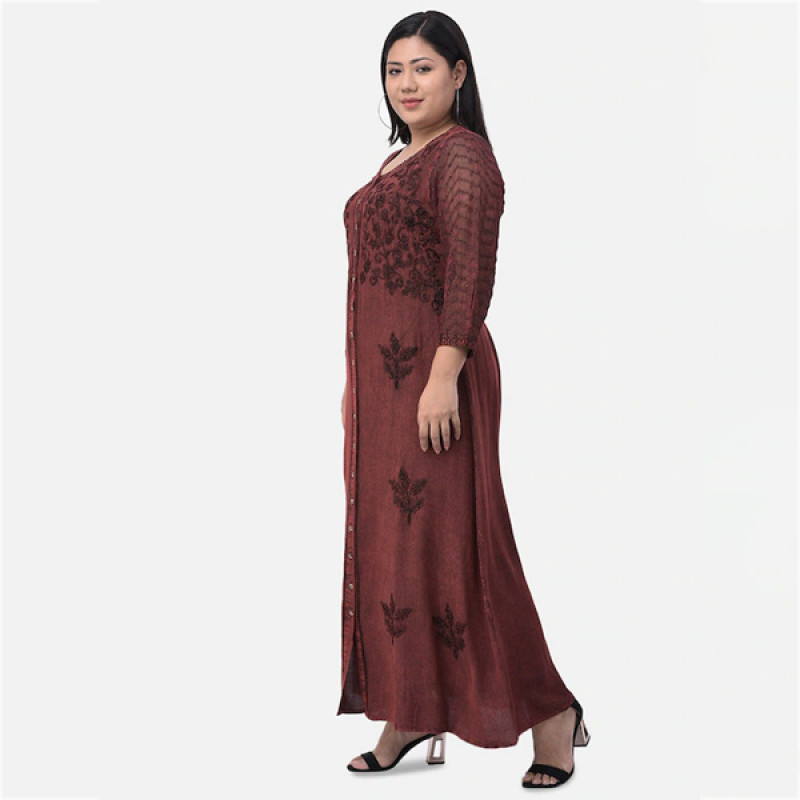 Women Brown Floral Embroidered Maxi Dress