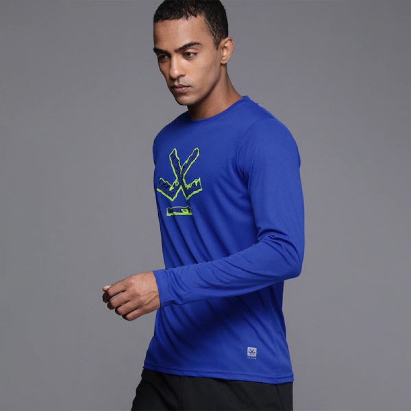 Men Blue & Yellow Brand Logo Printed Round Neck Slim Fit T-shirt