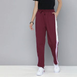 Women Burgundy & White Colourblocked Side Stripe Mid Rise Casual Track Pants