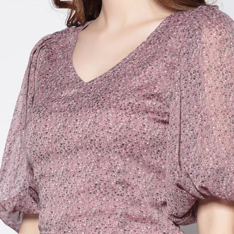 Mauve Floral Chiffon Regular Crop Top