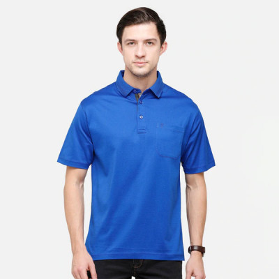 Men Blue Polo Collar Pockets T-shirt